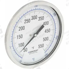 ASHCROFT Dial Thermometer: 50°F to 550°F /10°C to 290°C, ±1% Accuracy, 6 in Stem Lg, 3 in Dial Dia (MPN 30EI60R). Key specifications — Accuracy: ±1 %; Brand: ASHCROFT.
