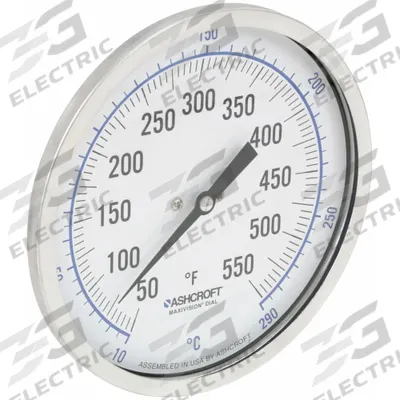 ASHCROFT Dial Thermometer: 50°F to 550°F /10°C to 290°C, ±1% Accuracy, 6 in Stem Lg - Back-Mount Fixed-Angle Thread-Mount Dial Thermometers