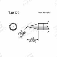 HAKKO Soldering Tip: T39 Series, Conical, 0.2 mm W, 9.5 mm Lg (MPN T39-I02). Key specifications — Brand: HAKKO; Compatible Handpiece Manufacturer Model Number: FX-9702; Manufacturer Part Number: T39-I02.