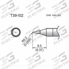 HAKKO Soldering Tip: T39 Series, Conical, 0.2 mm W, 9.5 mm Lg (MPN T39-I02). Key specifications — Brand: HAKKO; Compatible Handpiece Manufacturer Model Number: FX-9702; Manufacturer Part Number: T39-I02.
