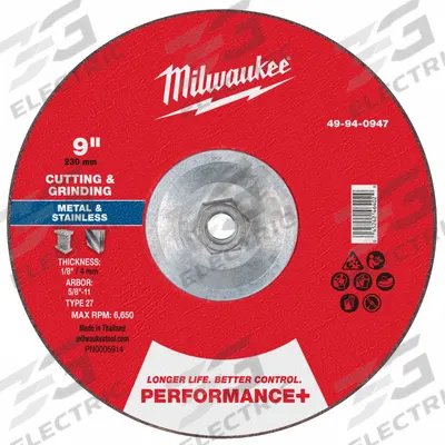 MILWAUKEE Cut-Off & Grinding Wheel: Type 27, 9" x 1/8" x 5/8"-11, Zirconia Alumina - High-Performance Combination Wheels for Carbon & Stainless Steel