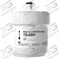NEPHROS Inline Water Filter: 0.1 micron Micron Rating, Medisulfone, 1/2 in Connection Size, NPSM (MPN 70-0281). Key specifications — Brand: NEPHROS; Compatible Product Type: Sink Spray; Reduces: Viruses.