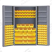 DURHAM MFG Bin Cabinet: 48 in x 24 in 72 in, 6 Shelves, 114 Bins, Yellow, Deep Box, 14 ga Panel (MPN DC48-114-6DS-95). Key specifications — Bin Color: Yellow; Bin HxWxD: (72) 4 in x 7 in x 3 in; Assembled: Assembled; Cabinet Style: Shelf and Bin; Brand: DURHAM MFG; Cabinet Color: Gray; Cabinet Finish: Powder Coated; Cabinet Material: Steel.