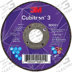 3M CUBITRON 3 Abrasive Cut-Off Wheel: Type 1, 4 1/2" x 0.04" x 7/8", Ceramic, 60 Grit (MPN 90051). Key specifications — Brand: 3M CUBITRON 3.