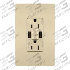 USB Receptacle: Duplex, 5-15R, 2 USB Ports, USB Type A, Ivory, 125V AC, 15 A, GFCI (MPN 1597TRUSBAAI). Key specifications — Brand: LEGRAND.
