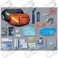 Ready Emergency Kit: 63 Components, Nylon, Bag, Black, No Medication Included, Nylon (MPN 7012). Key specifications — Brand: EMI; Adhesive Bandages Included: (20) Adhesive Bandages; Product Type: Ready Emergency Kit; PPE and Disposal Equipment Included: CPR Lifeshield; Oral and Inhalant Medicinals Included: No Oral/Inhalant Medicinals; Tools Included: Lifesaver Seat Belt Cutter; Topical Medicinals Included: (8) Antimicrobial Alcohol Hand Wipes; Wound Dressings Included: (2) Sterile Conforming Bandages.