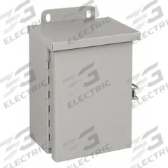 WIEGMANN Enclosure: Steel, 8 in x 6 in x 4 in, 3R, Solid Cover, Hinged, Included, Painted (MPN RHC060804). Key specifications — Brand: WIEGMANN; Closure Method: Padlock Hasp; Knockouts: Included.