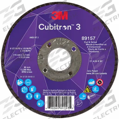 3M CUBITRON 3 Cut-Off and Grinding Wheel: Type 27, 4 1/2" x 1/8" x 7/8" - Cool-Cutting Combination Wheels for Carbon & Stainless Steel