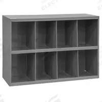 DURHAM MFG Pigeonhole Bin Unit: 34 in x 12 in x 24 in, 8 Compartments, 8 1/4 in x 12 in x 10 in (MPN 396-95). Key specifications — attr7229: Steel; attr38869: DURHAM MFG; attr38873: Gray.