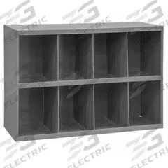 DURHAM MFG Pigeonhole Bin Unit: 34 in x 12 in x 24 in, 8 Compartments, 8 1/4 in x 12 in x 10 in (MPN 396-95). Key specifications — attr7229: Steel; attr38869: DURHAM MFG; attr38873: Gray.