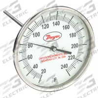 DWYER Glow-in-the-Dark Dial Thermometer: 20°F to 240°F, +/- 1% Accuracy, 5 in Dial Dia, Male (MPN GBTA590141). Key specifications — attr1275048: +/- 1%; attr1275052: DWYER.
