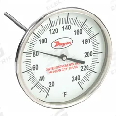 DWYER Glow-in-the-Dark Dial Thermometer: 20°F to 240°F, +/- 1% Accuracy, 5 in Dial Dia, Male (MPN GBTA590141). Key specifications — attr1275048: +/- 1%; attr1275052: DWYER.