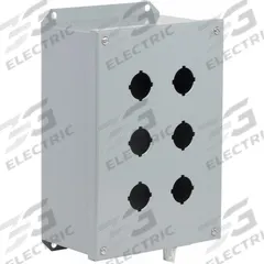 SCHNEIDER ELECTRIC Control Station Enclosure: 30mm, 6 Holes, Carbon Steel, NEMA 13/3 (MPN 9001KYAF6). Key specifications — attr211299: SCHNEIDER; attr1043605: Oil-Tight and Dust-Tight.