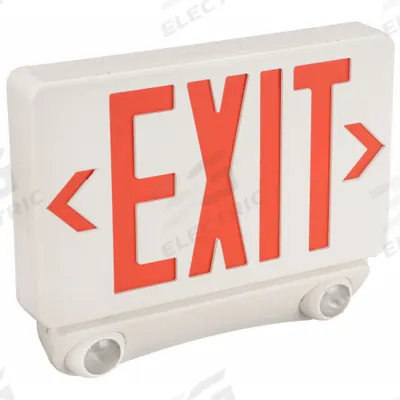 APPROVED VENDOR Exit Sign with Emergency Lights: White, 1 or 2 Faces, Red, LED, Ceiling/Wall - Plastic Exit Signs with Round Bottom-Mount Light Heads