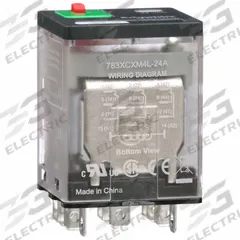 SCHNEIDER General Purpose Relay: Socket Mounted, 15 A Current Rating, 24V AC, 3PDT, E Socket (MPN 783XCXM4L-24A). Key specifications — Brand: SCHNEIDER; Base Type: Square; Mounting Style: Socket; Electrical Connection: Faston Terminal; Manufacturer Part Number: 783XCXM4L-24A; Operating Current: 15 A at 120 to 277V; Series: 783 Series.