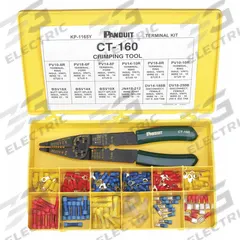PANDUIT Wire Terminal Kit: 147 Pieces, 22 AWG – 10 AWG Wire Sizes, Crimping Tool (MPN KP-1165Y). Key specifications — Manufacturer Part Number: KP-1165Y; Brand: PANDUIT; Includes: (5) JN418-212 Nylon Wire Joints; Tool Included: Crimping Tool.
