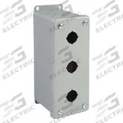 HOFFMAN Push Button Enclosure: 22mm, 3 Holes, Carbon Steel, NEMA 12 (MPN E3PBGXM). Key specifications — Brand: HOFFMAN; Environments & Applications: Indoor Dust & Water Droplets.