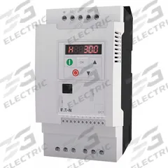 EATON Variable Frequency Drive: In Phase Three, Out Phase Three, 1 1/2 hp, IP21, No Bypass, Compact (MPN DC1-32011NB-A20CE1). Key specifications — Style: Compact; Color: White; Output Phase: Three.