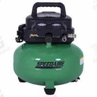 SPEEDAIRE Portable Air Compressor, Oil Free, 1.5HP, 6 Gal, Pancake, 3.0CFM@90 PSI, 120VAC, 11.8 AMP. (MPN 810RA8). Key specifications — attr48686: Oil Free; attr48685: 120V AC; attr48689: 3.0 cfm; attr48678: 11.8 A; attr48671: SPEEDAIRE; attr124308: Standard (75 dBA or more).
