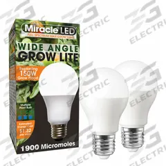 LED Grow Bulb: LED, A19, 120V, Full/Broad, 150 W Incandescent Watt Equivalency (MPN 602141). Key specifications — Plant Growth Application: Seed Starting; Brand: MIRACLE LED; Bulb Shape: A19; Spectrum: Full/Broad.