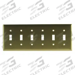 HUBBELL Wall Plate: Toggle, 6 Gang, Brass, Std Size (MPN SB6). Key specifications — Brand: HUBBELL; Material: Brass.