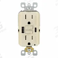 USB Receptacle: Decorator Duplex, 5-15R, USB Type A/C, Light Almond, 125V AC, 15 A, GFCI (MPN GUAC1-T). Key specifications — Brand: LEVITON.