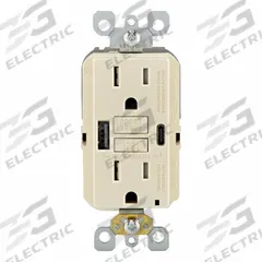 USB Receptacle: Decorator Duplex, 5-15R, USB Type A/C, Light Almond, 125V AC, 15 A, GFCI (MPN GUAC1-T). Key specifications — Brand: LEVITON.