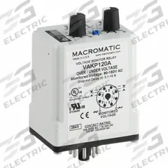 MACROMATIC Voltage Sensing Relay: Socket Mounted, 8 Pins/Terminals, 10 A, 120V AC, Pin (MPN VAKP120A). Key specifications — Drop-Out Range: 75% to 95%; Monitored Parameters: Undervoltage; Brand: MACROMATIC.