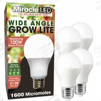 LED Grow Bulb: LED, A19, 120V, Full/Broad, 100 W Incandescent Watt Equivalency (MPN 602158). Key specifications — Plant Growth Application: Budding; Brand: MIRACLE LED; Bulb Shape: A19; Spectrum: Full/Broad.