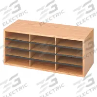 SAFCO Literature Organizer: Medium Oak, 12 Compartments, Includes Label Holders, 12 in Overall Dp (MPN 9401MO). Key specifications — attr986470: Yes; attr986455: Medium Oak; attr986477: Wood; attr986454: SAFCO; attr986487: Mail and Literature Sorter.