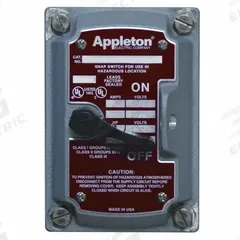 APPLETON ELECTRIC Motor Starter Switch: 2 Poles, 20 A, 0.75 in Hub Dia, Factory Sealed (MPN EDSK-2MSW). Key specifications — Brand: APPLETON ELECTRIC; Factory Sealed: Yes.