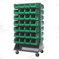 QUANTUM STORAGE SYSTEMS Mobile Louvered Floor Rack: 36 in x 24 in x 72 in, 56 Bins Included, Green (MPN QMD-36H-240GN). Key specifications — Bin Width: 8-1/4 in; Color: Gray; Caster Wheel/Configuration: (2) Swivel; Caster Wheel/Tread Material: Hard Rubber; Bin Color: Green; Bin Depth: 14-3/4 in; Bin Height: 7 in; Brand: QUANTUM STORAGE SYSTEMS.