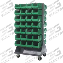 QUANTUM STORAGE SYSTEMS Mobile Louvered Floor Rack: 36 in x 24 in x 72 in, 56 Bins Included, Green (MPN QMD-36H-240GN). Key specifications — Bin Width: 8-1/4 in; Color: Gray; Caster Wheel/Configuration: (2) Swivel; Caster Wheel/Tread Material: Hard Rubber; Bin Color: Green; Bin Depth: 14-3/4 in; Bin Height: 7 in; Brand: QUANTUM STORAGE SYSTEMS.