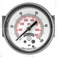 WINTERS Panel-Mount Pressure Gauge: U-Clamp, 0 psi to 100 psi, 2 in Dial, 1/4 in NPT Male, P9U 90, 5 (MPN P9U901407UC). Key specifications — Accuracy: ±2-1-2%; Brand: WINTERS; Vibration Resistance Properties: Dry Case Vibration-Dampened; Gauge Wetted Parts: Brass / Bronze.