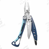 LEATHERMAN Pliers: Multi-Tool Plier, 7 Tools, 7 Functions, 4 in Closed Lg, 6 in Open Lg, BLUE (MPN 833126). Key specifications — attr15951: LEATHERMAN; attr15966: 25-year warranty; attr10312: BLUE; attr15960: Replaceable Pocket Clip; attr15963: Stainless Steel; attr15971: Multi-Tool Plier; attr15972: Included bits Phillips #1 & #2, Screwdriver 1/4" & 3/16"; attr15977: Fold Open.