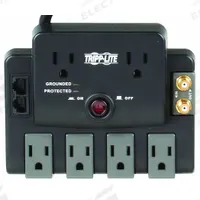 TRIPP LITE Outlet Strip: 6 Outlets, 6 ft Cord Lg, 1,440 J Rated Energy, 15 A Current, UL 1449, Black (MPN TLP606RNET). Key specifications — Brand: TRIPP LITE; Mounting Style: Keyhole.