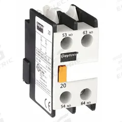 DAYTON Auxiliary Contact: 2NO, 2.5 A Max Current (AC), Front Mount, Front-Mounted (MPN 6EAT0). Key specifications — Brand: DAYTON.