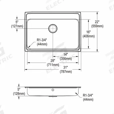 JUST MANUFACTURING Bowl Drop-In Sink: 31 in Overall Lg, 21 1/4 in Overall Wd, 5 in Bowl Dp - One-Bowl Counter-Mounted Kitchen & Bar Sinks without Faucets