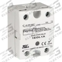 DAYTON Solid State Relay: Surface Mounted, 10 A Max Output Current, SCR, AC Output (MPN 1EGL1). Key specifications — Brand: DAYTON; Current Type: AC; Electrical Connection: Screw; Finger Safe: Yes; Maximum Output Current without Heat Sink: 3 A; Mounting Style: Surface; Output Voltage: 48 to 480V AC; Switch Configuration: Form A.