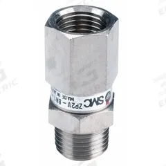 SMC Vacuum Saving Valve: 8 lpm Min Flow Rate, 100 kPa, 8 mm Hex Size, 18.1 mm Overall Lg, Brass (MPN ZP2V-B5-07). Key specifications — attr158990: Female; attr158994: Male; attr158978: Brass; attr158975: SMC.