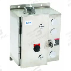 EATON NEMA Magnetic Motor Starter: Non-Reversing, 3 Poles, NEMA Size 00, 9 A, 24V AC Coil (MPN ECN05A4TAA-R63/AL30). Key specifications — attr211388: EATON; attr951451: 1NO/1NC; attr951453: 24V AC; attr951489: Three; attr951498: Screw Terminals; attr951468: No; attr984425: 1NO/1NC; attr997361: None (Not Applicable to Electronic Overloads).