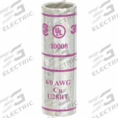 3M Open Barrel Splices: 4/0 AWG Wire Size, Purple Code, 2.13 in, Copper Barrel, 54 Die (MPN 10008). Key specifications — Die Code: 54; Brand: 3M; Color Code: Purple.