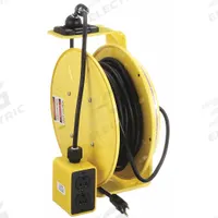 KH INDUSTRIES Extension Cord Reel: Ratchet Lock, 50 ft Cord Lg, 14 AWG, SJOW, 5-15R Cord Lg, 5-15P (MPN RTBA3L-WDD515-J14K). Key specifications — Retractable Cord Ending NEMA Configuration: 5-15R; Feeder Cord Ending NEMA Configuration: 5-15P; Brand: KH INDUSTRIES.
