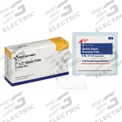 FIRST AID ONLY Gauze Pad: 2 in Dressing Lg, 2 in Dressing Wd, Gauze, Sterile, 10 PK (MPN 3-100). Key specifications — Water Resistance: Not Water Resistant; Self-Adhesion: Not Self-Adhering; Unitized: Unitized; Standards: ANSI/ISEA Z308.1-2015; Manufacturer Part Number: 3-100; Package Type: Box; Product Type: Gauze Pad; Sterility: Sterile.