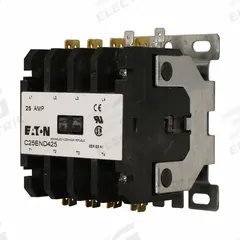 EATON Definite Purpose Magnetic Contactor: 4 Poles, 208-240V AC, 25 A, Non-Reversing (MPN C25END425B). Key specifications — Brand: EATON; Coil Voltage: 208-240V AC; Contactor Style: HVACR Definite Purpose Contactor; Frame Size: E; Terminal Connection Type: Quick-Disconnect Terminals; Maximum Voltage Rating: 690V AC; Series: C25 Series; Phase: Three.