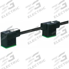 MURRELEKTRONIK Cordset: (2) DIN Form BI Female Right Angle x Bare Wire, 5 m Cable Lg, PUR, Black (MPN 7000-58101-6370500). Key specifications — Wire Size: 18 AWG; Brand: MURRELEKTRONIK; Cable Jacket Color: Black; IP Rating: IP67; DIN Connector Spacing: 100 mm.