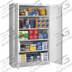 TENNSCO Storage Cabinet: 48 in x 18 in x 78 in, Swing Handle & Keyed, 20 ga Panel Thick, Leveling (MPN J1878ALGY). Key specifications — Cabinet Color: Light Gray; Method of Construction: Bolted; Base Type: Leveling; Assembled: Unassembled; Mobility: Stationary; Adjustable Shelves: (4) Adjustable; Cabinet Finish: Powder Coated; Cabinet Material: Steel.