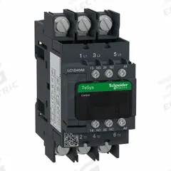 SCHNEIDER IEC Magnetic Contactor: Non-Reversing, 3 Poles, 3NO Contacts, 40 A, 120V AC Coil (MPN LC1D40A6G7). Key specifications — Brand: SCHNEIDER; Integrated Surge Suppression: No.