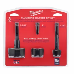 MILWAUKEE Plumber Self Feed Drill Bit Set: Hex, 6 5/8 in Overall Lg, Steel, 3 Drill Bits (MPN 49-22-0030). Key specifications — attr325817: Plumber Self Feed Drill Bit Set; attr277224: MILWAUKEE.