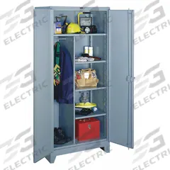 LYON Storage Cabinet: 36 in x 24 in x 82 in, 4 Shelves, Swing Handle & Padlock Hasp, 14 ga Panel (MPN DD1121). Key specifications — attr113700: Adjustable; attr113673: Legs; attr113674: Gray; attr113686: No; attr113685: Assembled; attr113675: Hanging Rods; attr66488: LYON; attr113676: Hanging Rod and Shelves.